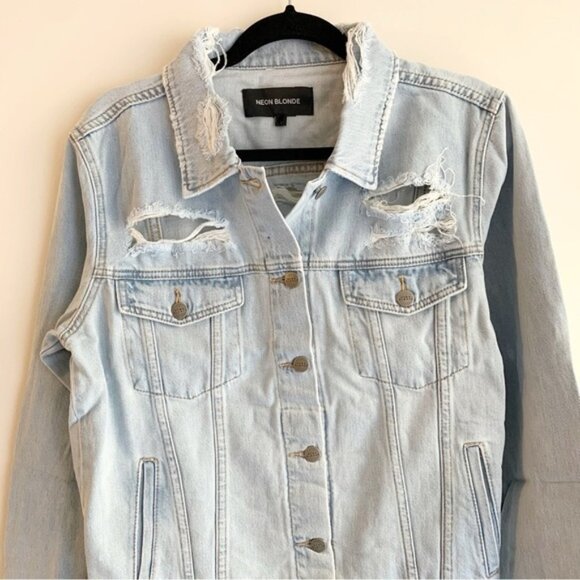 NEON BLONDE Not Mine Jean Jacket Oversized Denim Light Wash Distressed Size S - Picture 3 of 16